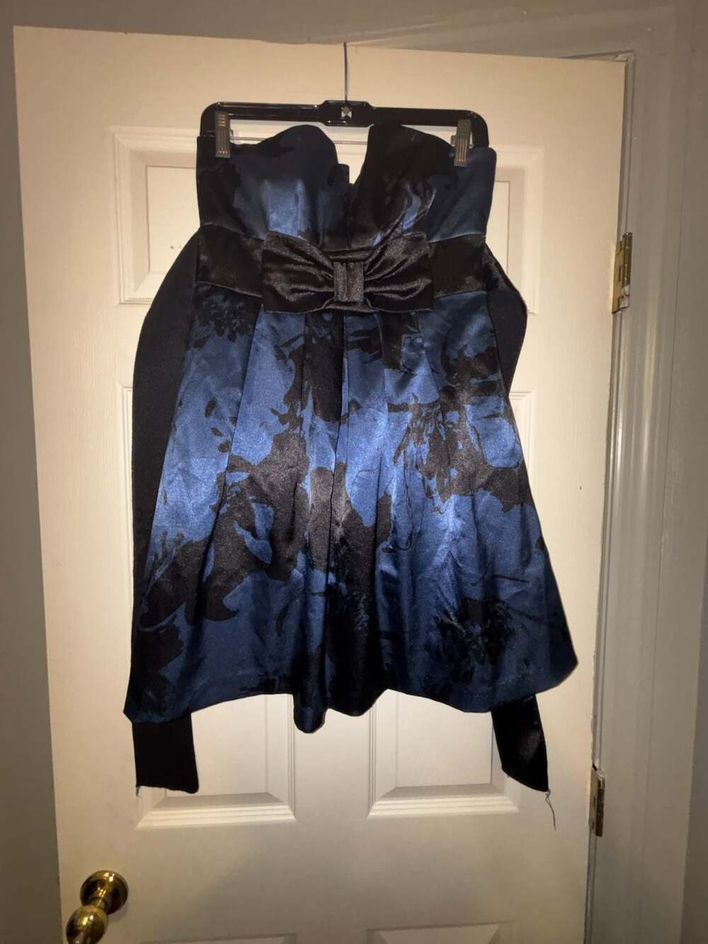 Xtraordinary Strapless Blue and Black Floral Satin Cocktail Dress with Bow